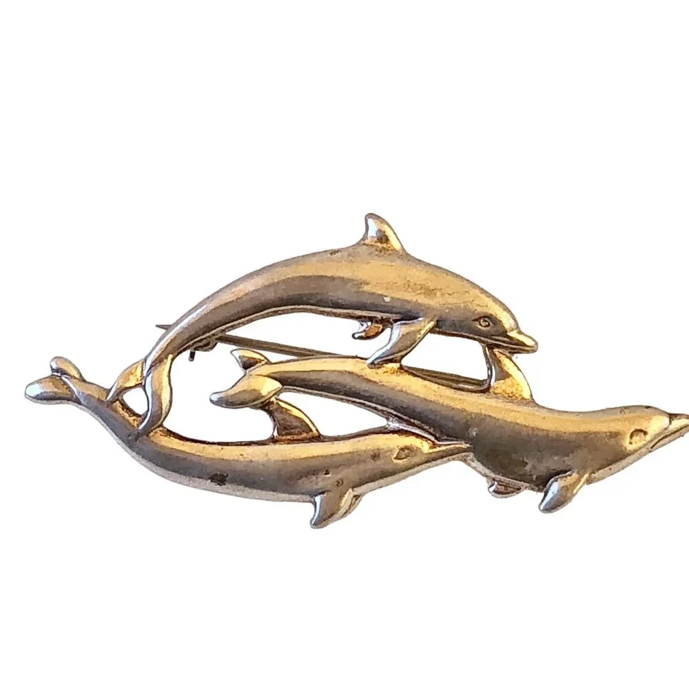 Sterling Silver 925 Dolphin Pin Brooch 3 Playful Dolphins Signed